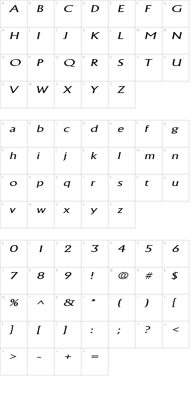 AlbertaWideLight Italic character map