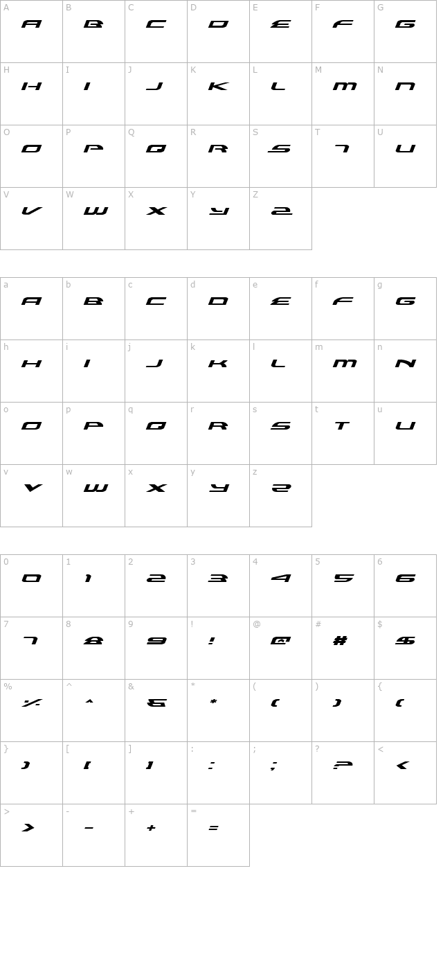 Alexis Expanded Italic character map