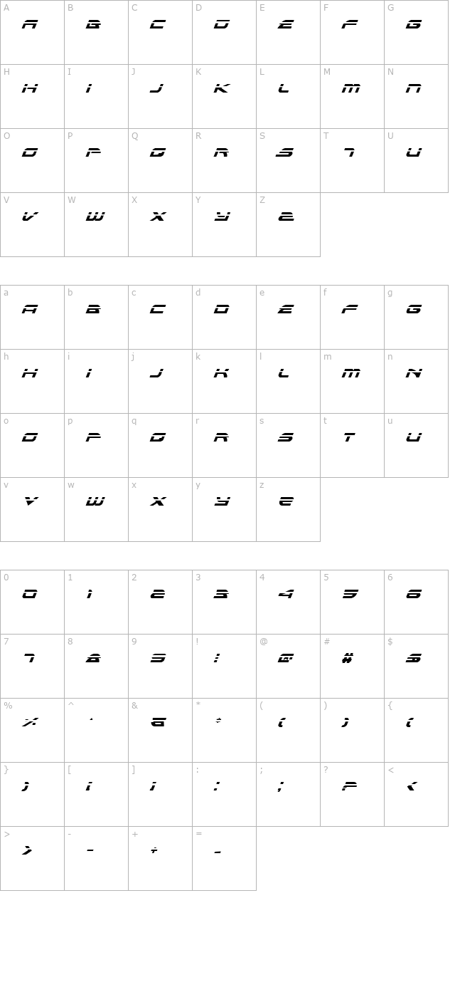 Alexis Laser Italic character map