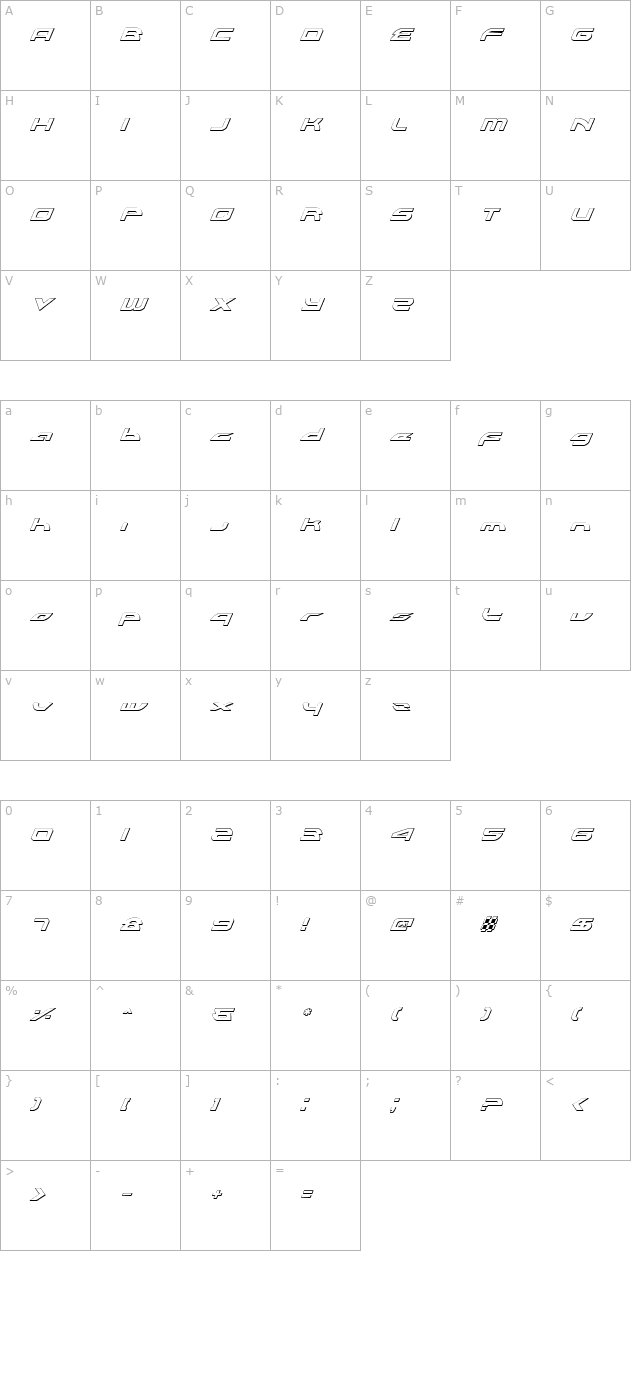 Alexis Lower Outline Italic character map