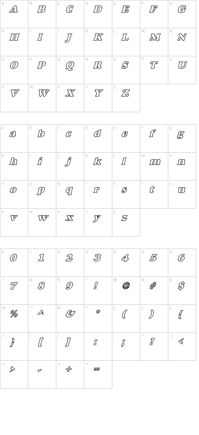 Alexuss Heavy Hollow W_BI Bold Italic character map