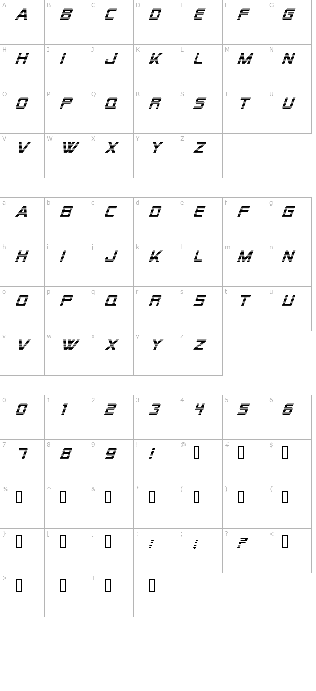 Alien Encounters Italic character map