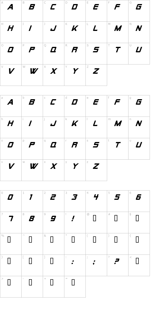 Alien Encounters Solid Bold Italic character map