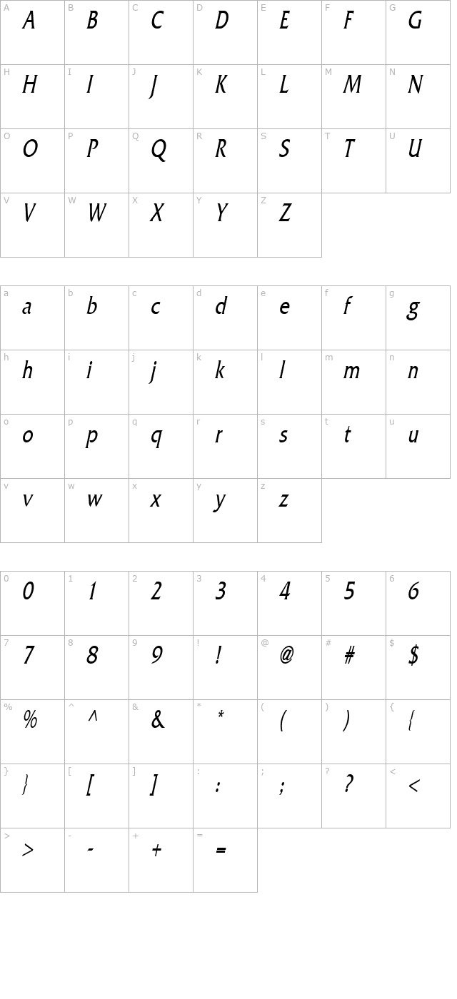 alliancecondensed-italic character map