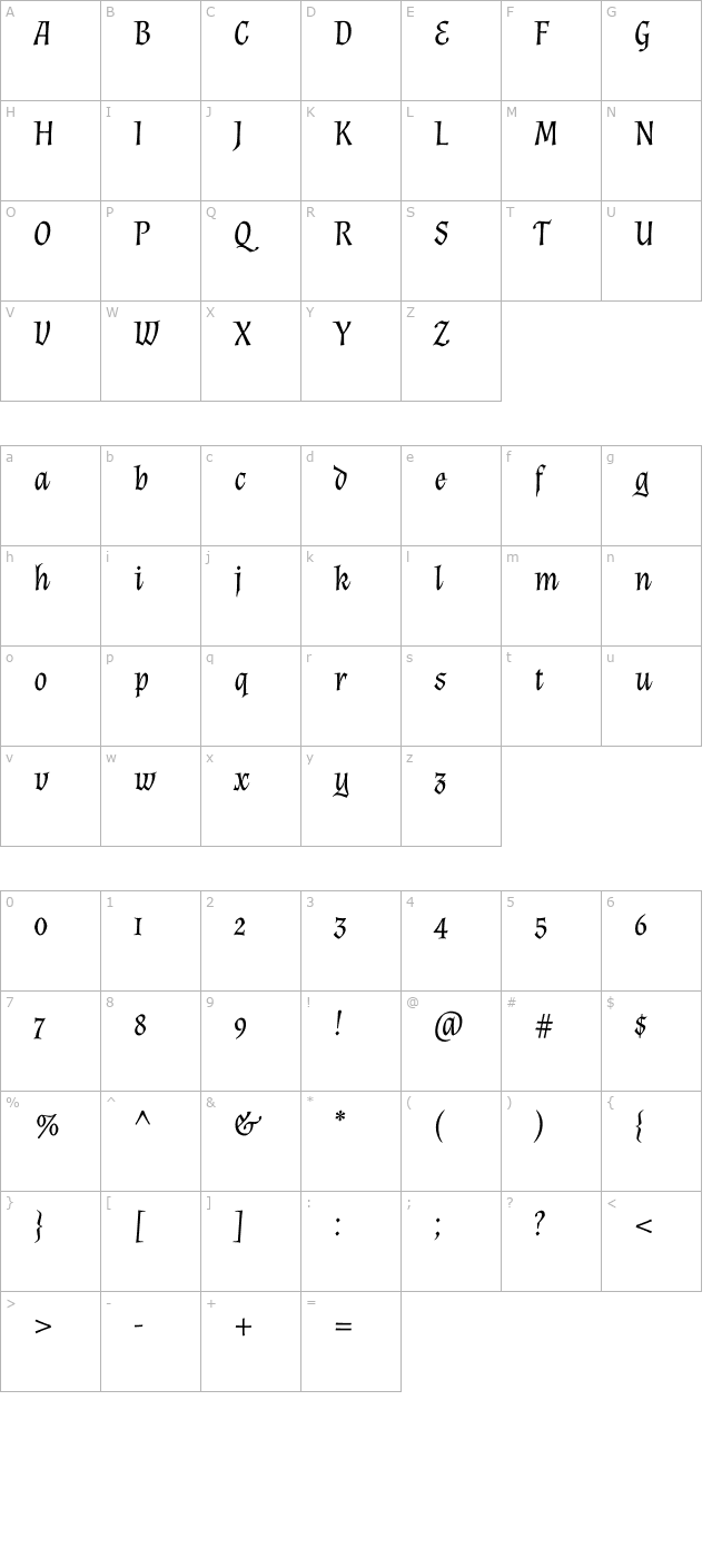 almendra-italic character map