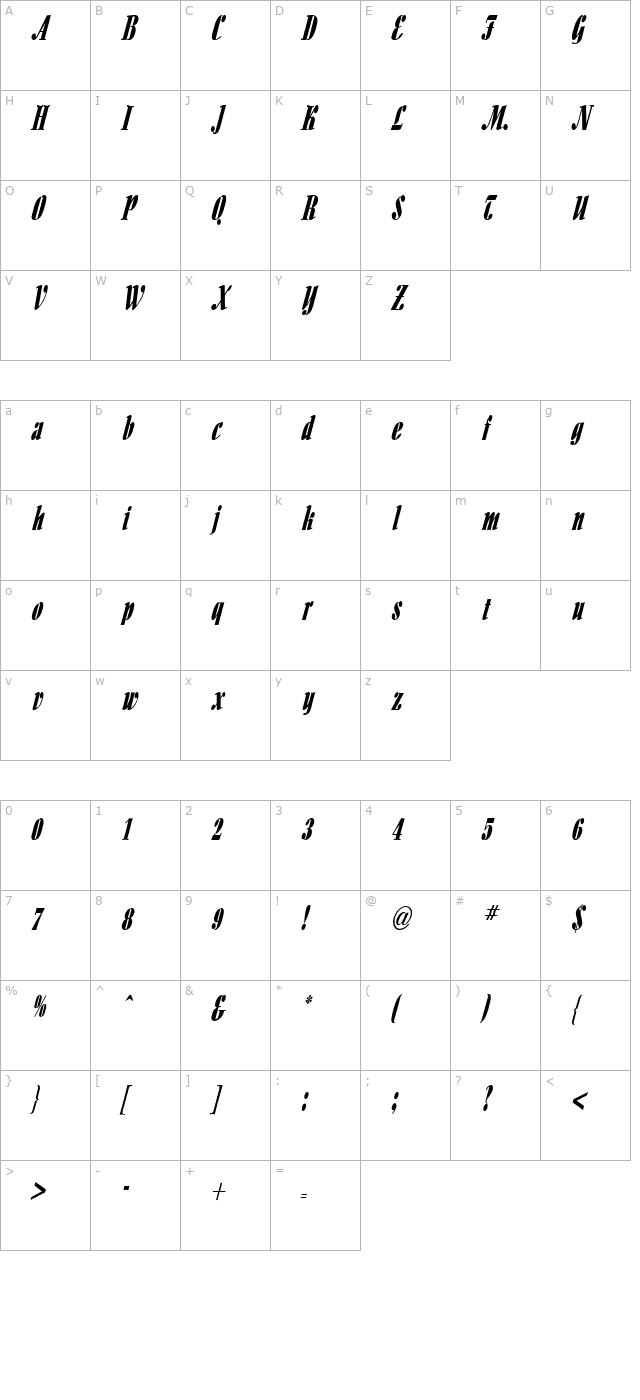 aloe-thin-italic character map