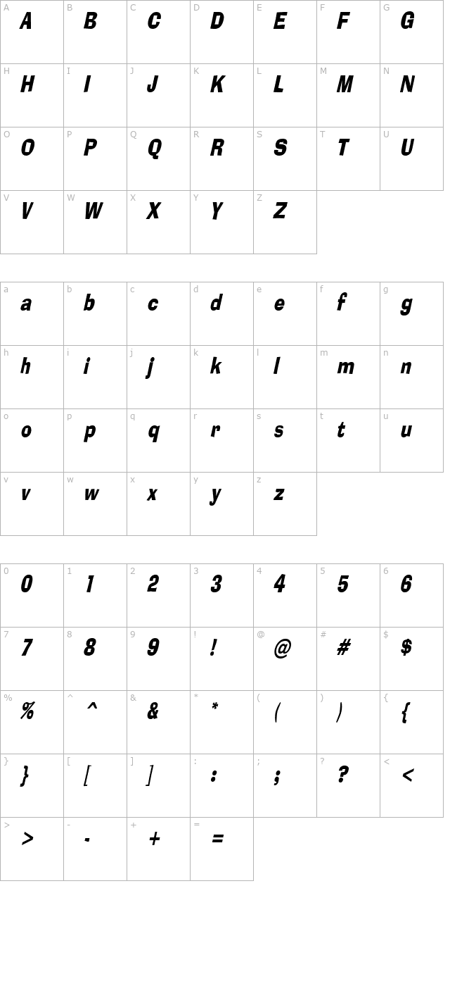 Alor Condensed Italic character map