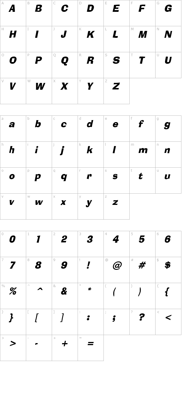Alor Italic character map