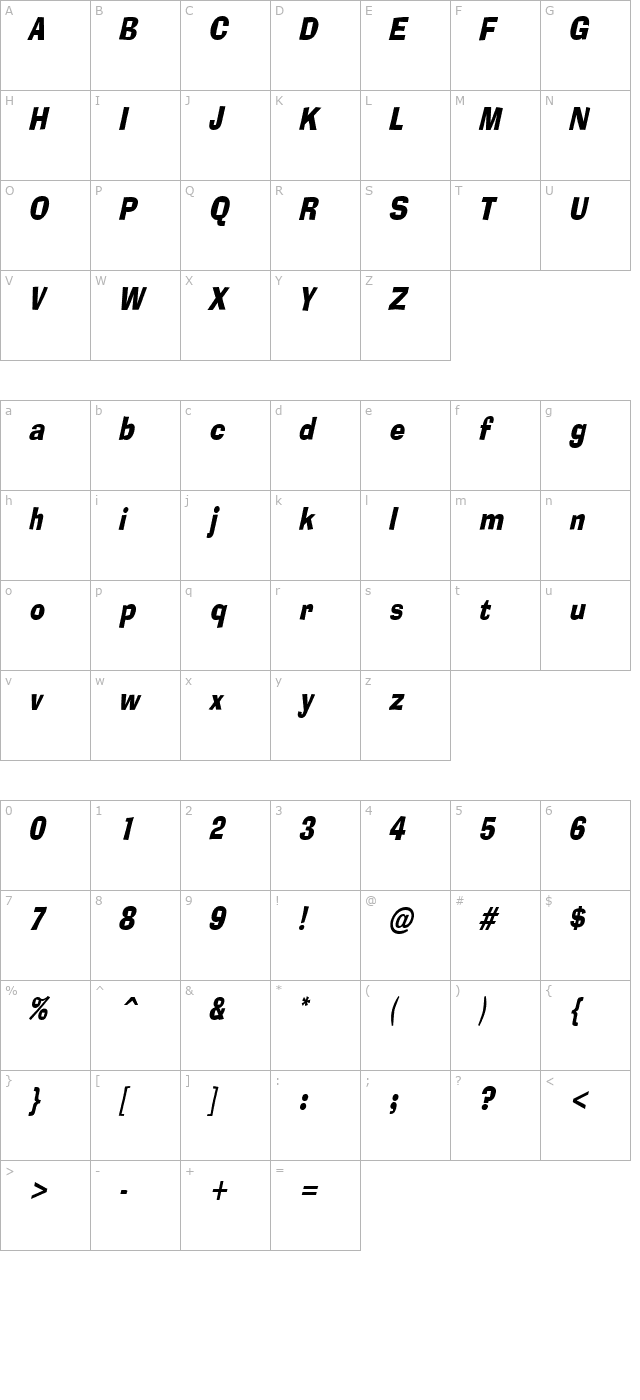 alor-narrow-condensed-bolditalic character map