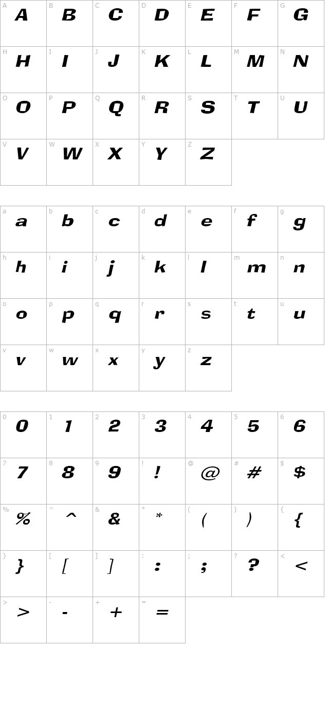 alor-narrow-wide-italic character map