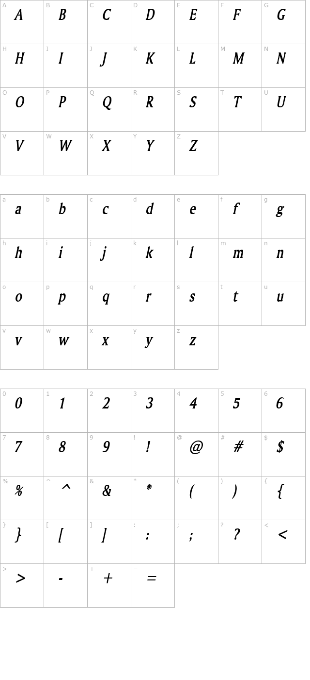 Ameretto Condensed BoldItalic character map