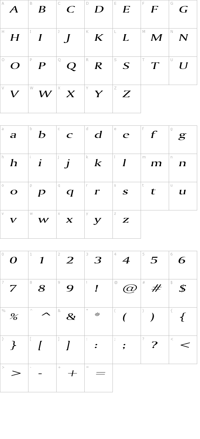 Ameretto Extended Italic character map