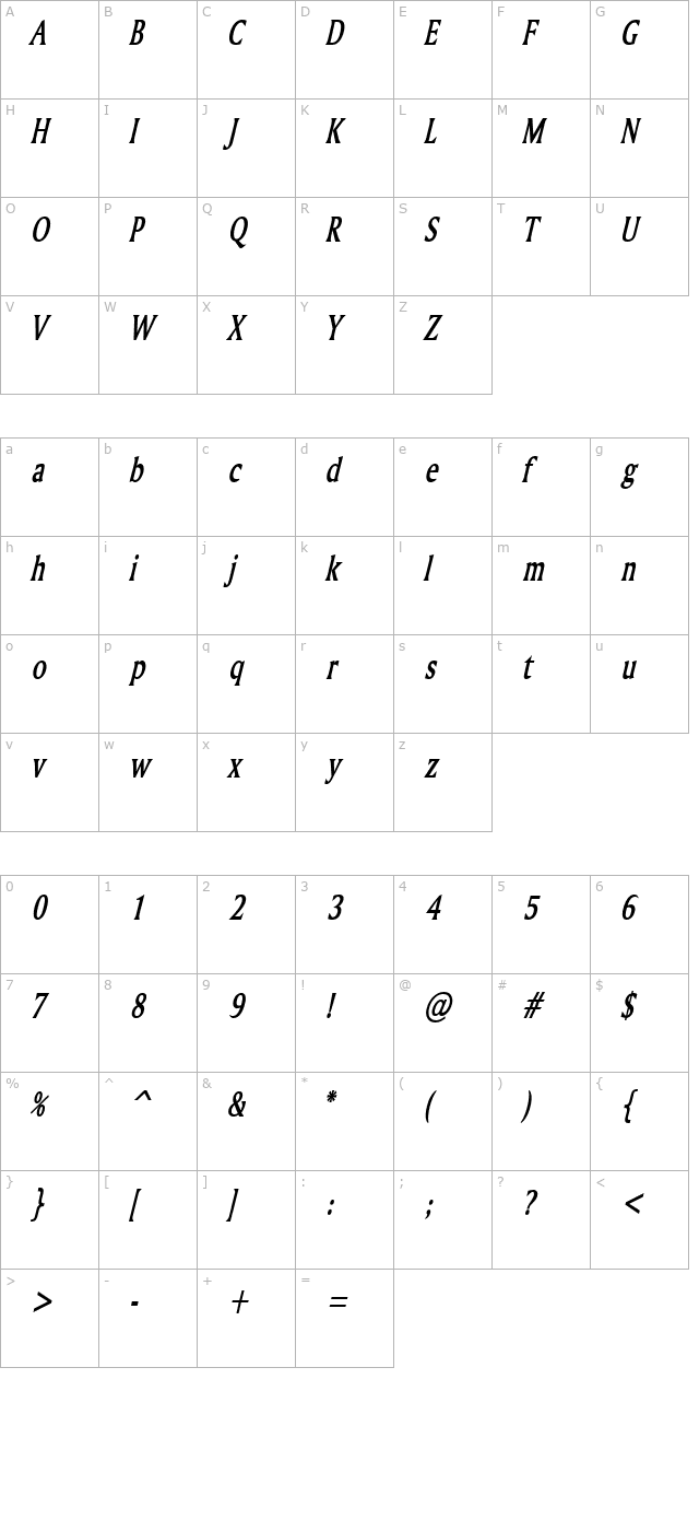 Ameretto Thin BoldItalic character map