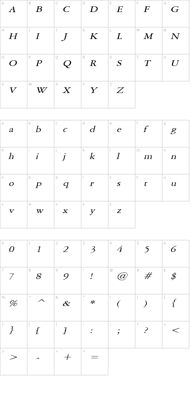 amery-wide-italic character map