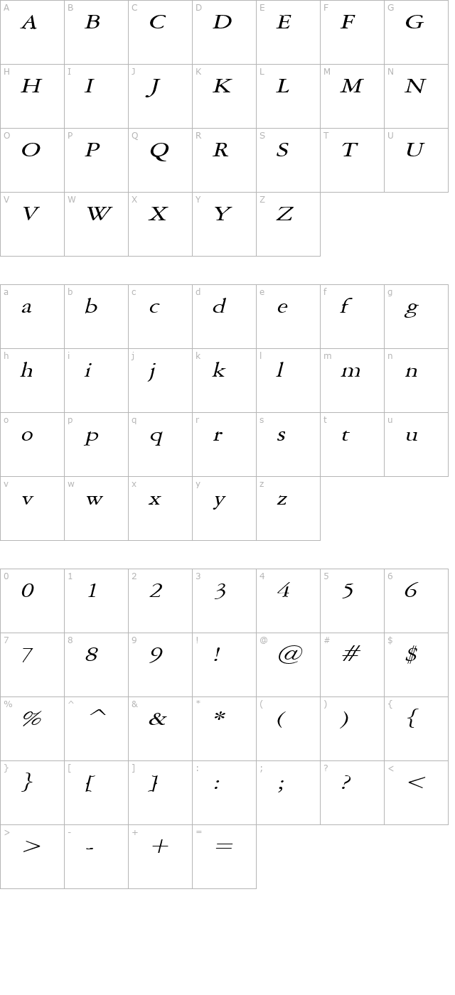 Amery Wide Italic character map