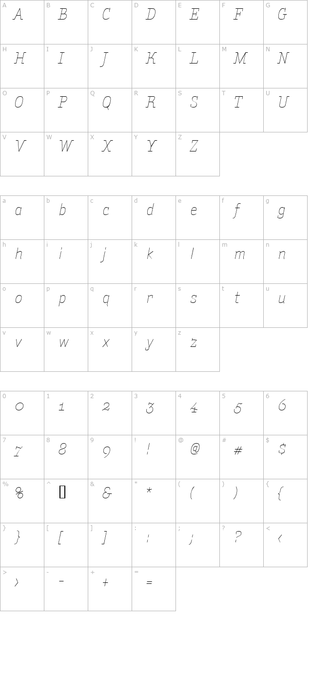 amintalightitalic character map