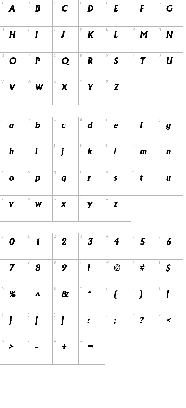 Andre Heavy SF Bold Italic character map