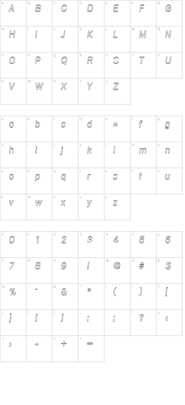 andreasbeckeroutline-light-italic character map