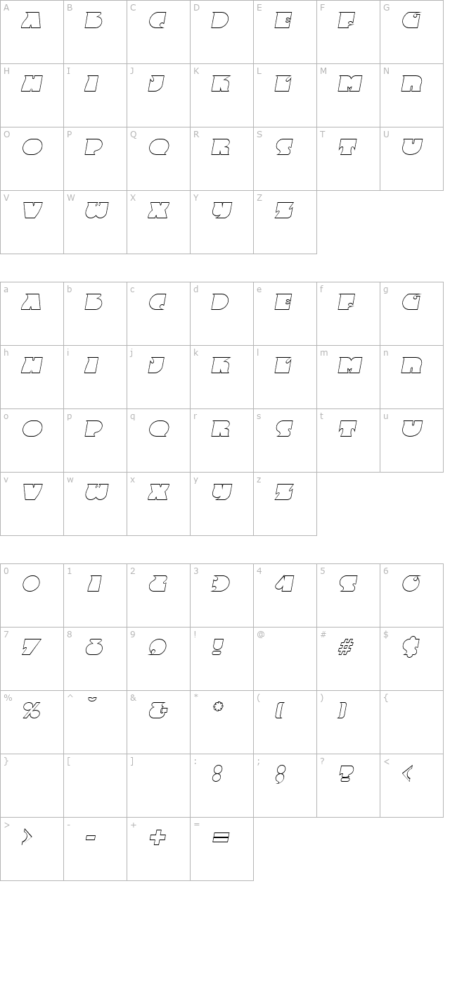 AngelaBeckerOutline Bold Italic character map