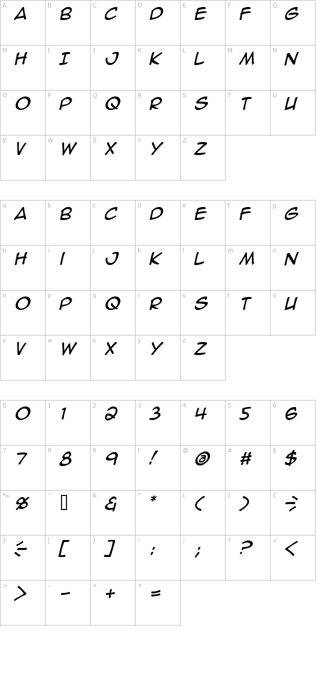 Anime Ace Italic character map