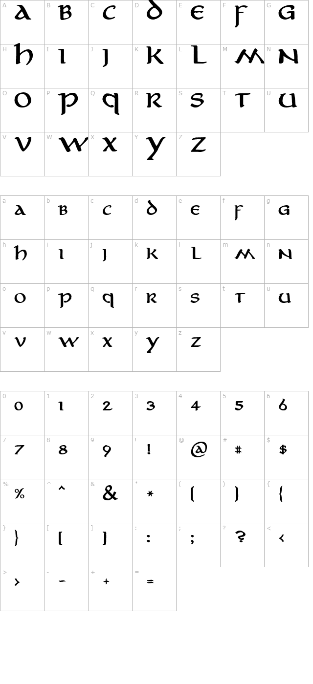 Aniron Bold character map