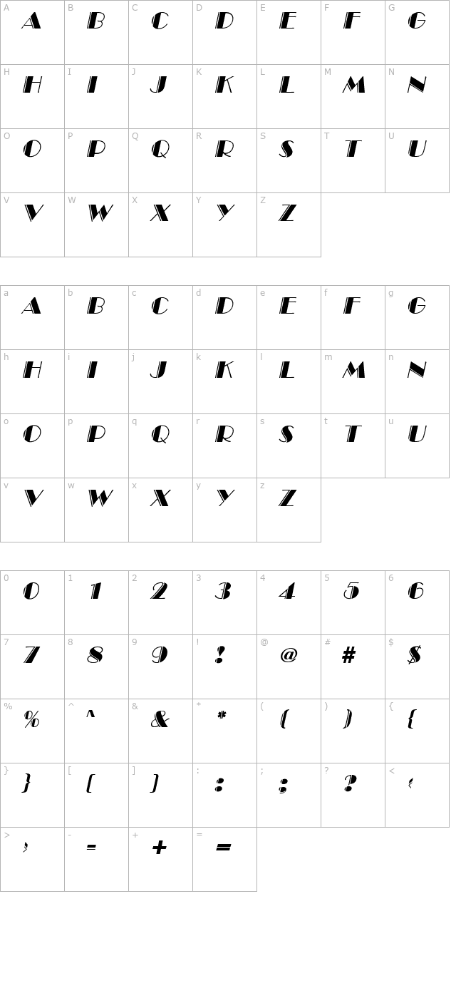 AnnaBeckerEngraved Italic character map