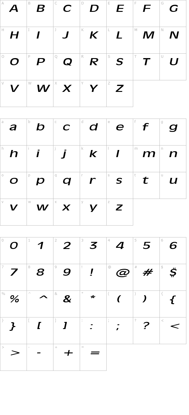 Antiqua 101 Extended Italic character map