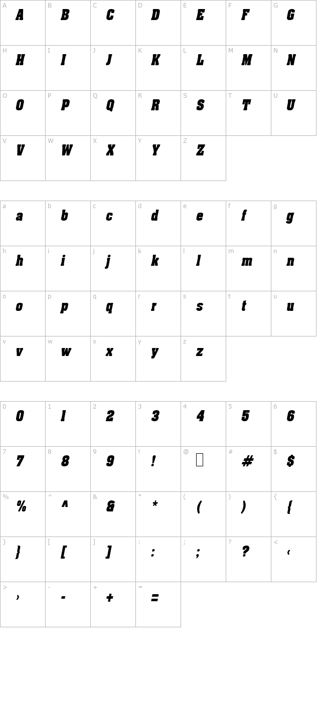 ApexCondensed Oblique character map