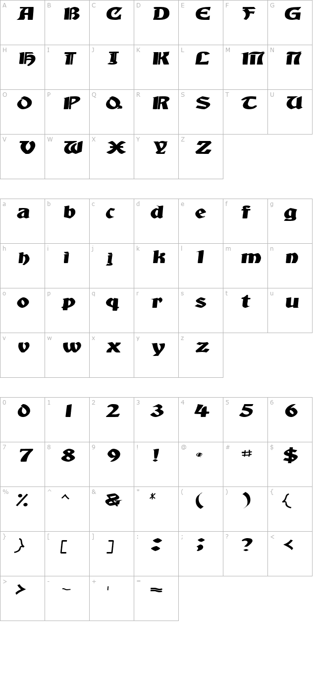 AquiEstaSSK Italic character map