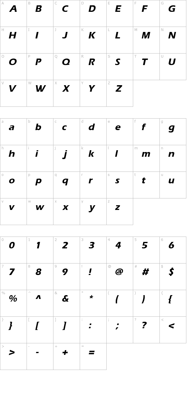 AquilineExtraBoldItalic character map