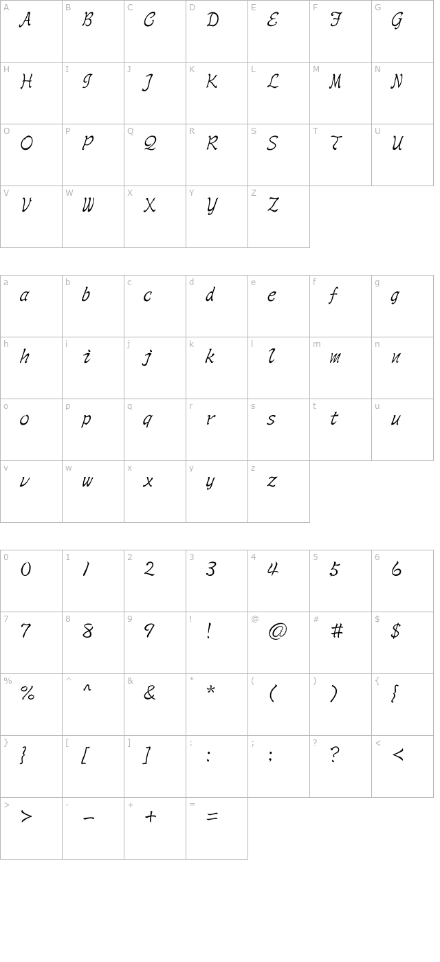 AR Script2 Medium character map