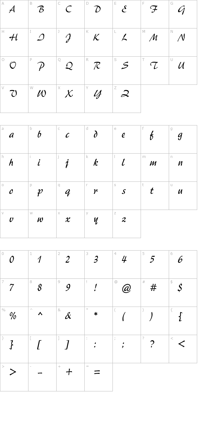 AR Script3 Bold character map