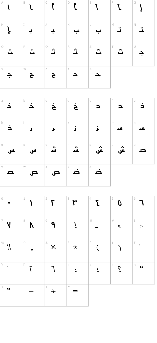 ArabicKufiSSK Italic character map
