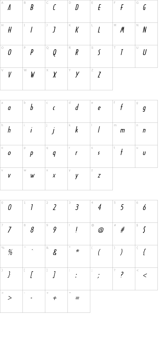 Arcane Italic character map
