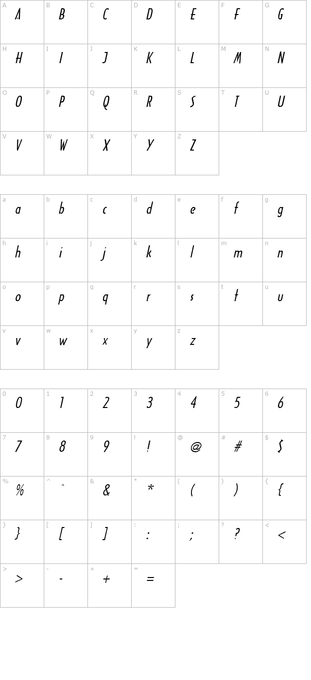 arcane-italic character map