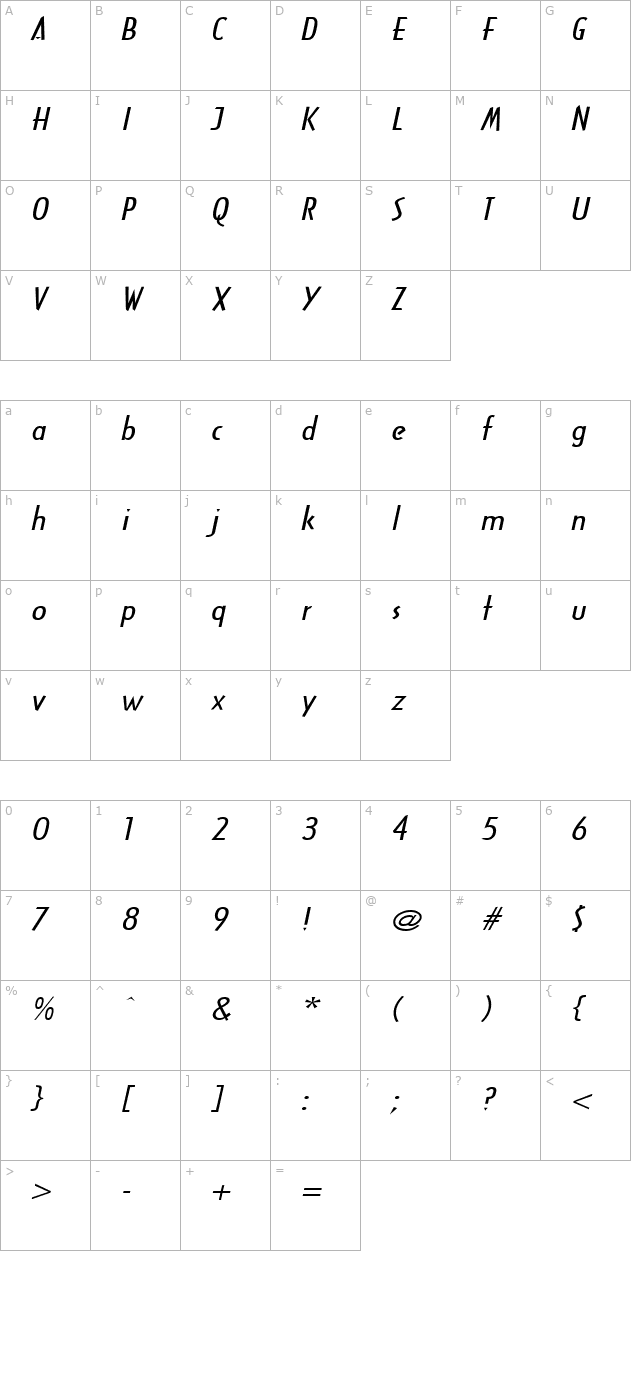 arcanebroad-italic character map