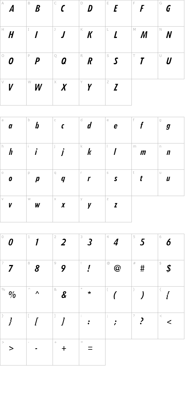 ArcheCondSSK Italic character map