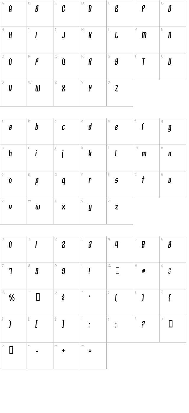 archery-black-condensed-italic character map