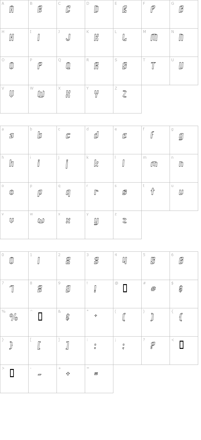 Archery Black Outline Italic character map