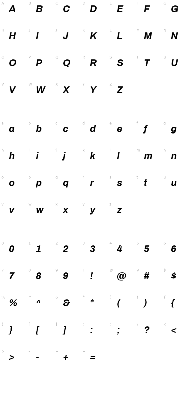 archivo-bold-italic character map