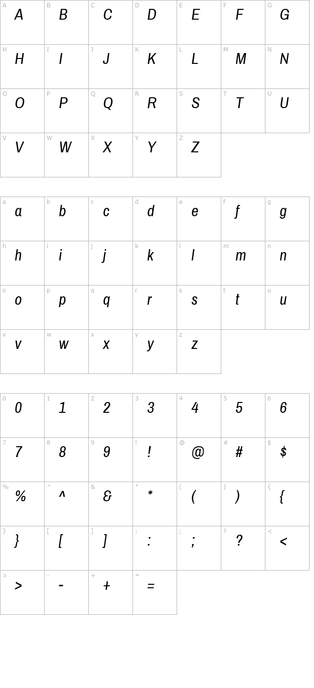 Archivo Narrow Italic character map