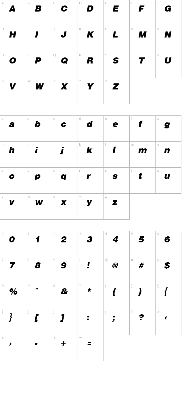 Arena Black Italic character map