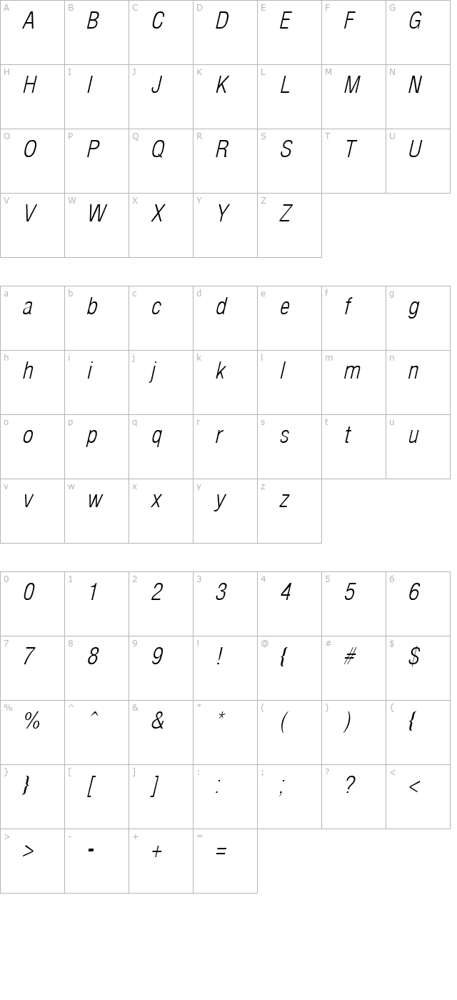 Arena Condensed Light Italic character map