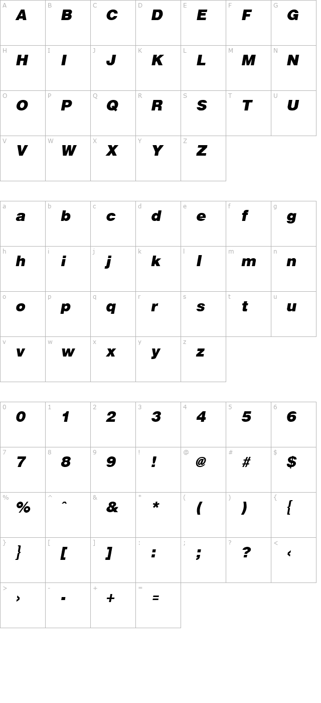 ArenaBlack Italic character map