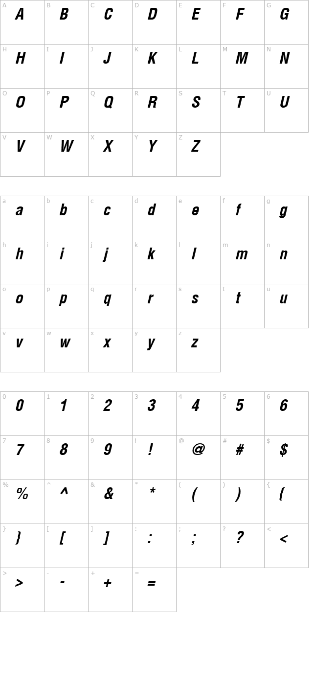 arenacondensed-bold-italic character map
