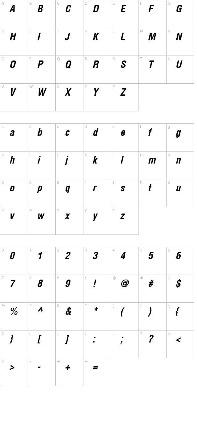 ArenaCondensed Bold Italic character map