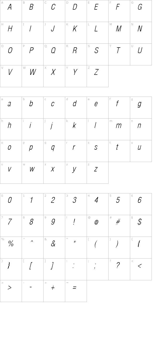 arenacondensedlight-italic character map