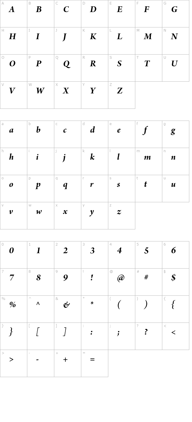 ArnoPro-BoldItalicSubhead character map