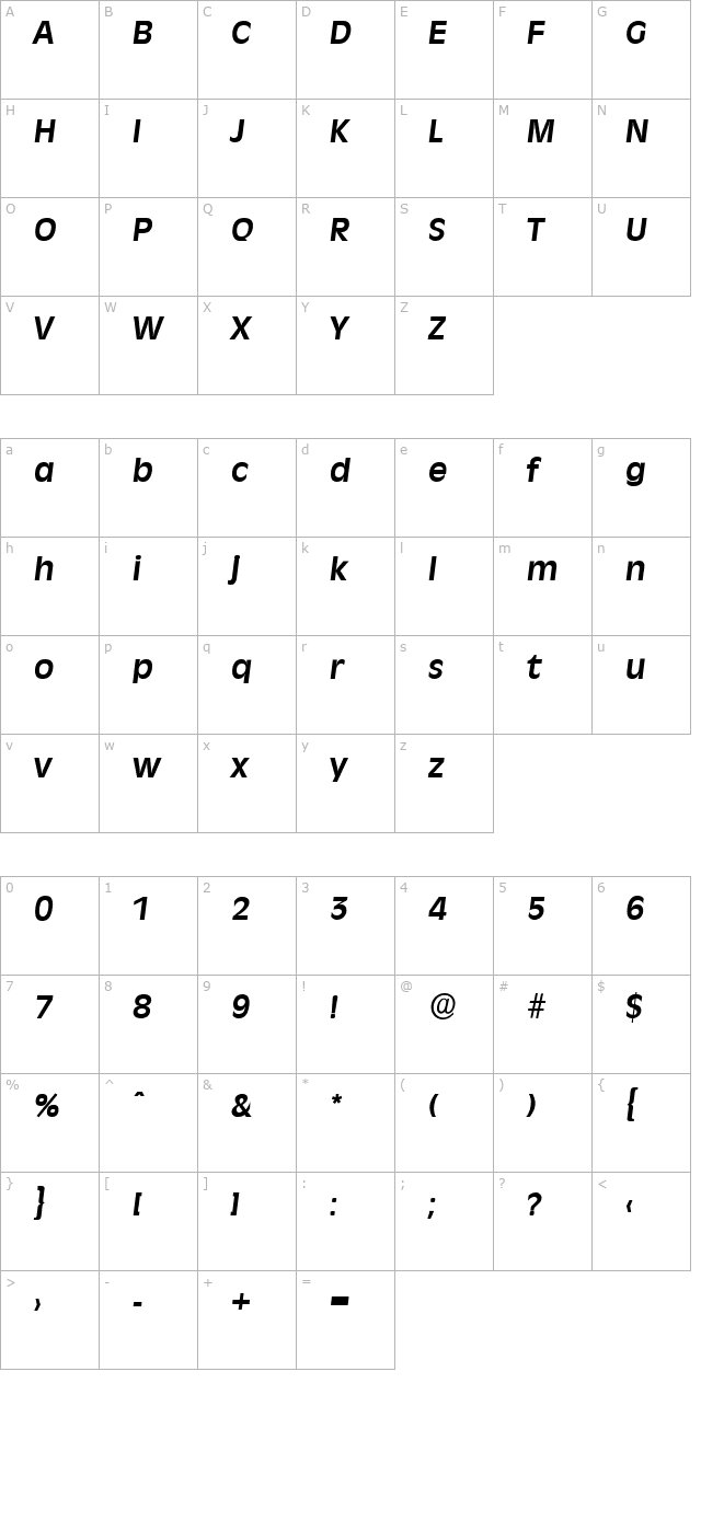 ArthurBecker Bold Italic character map