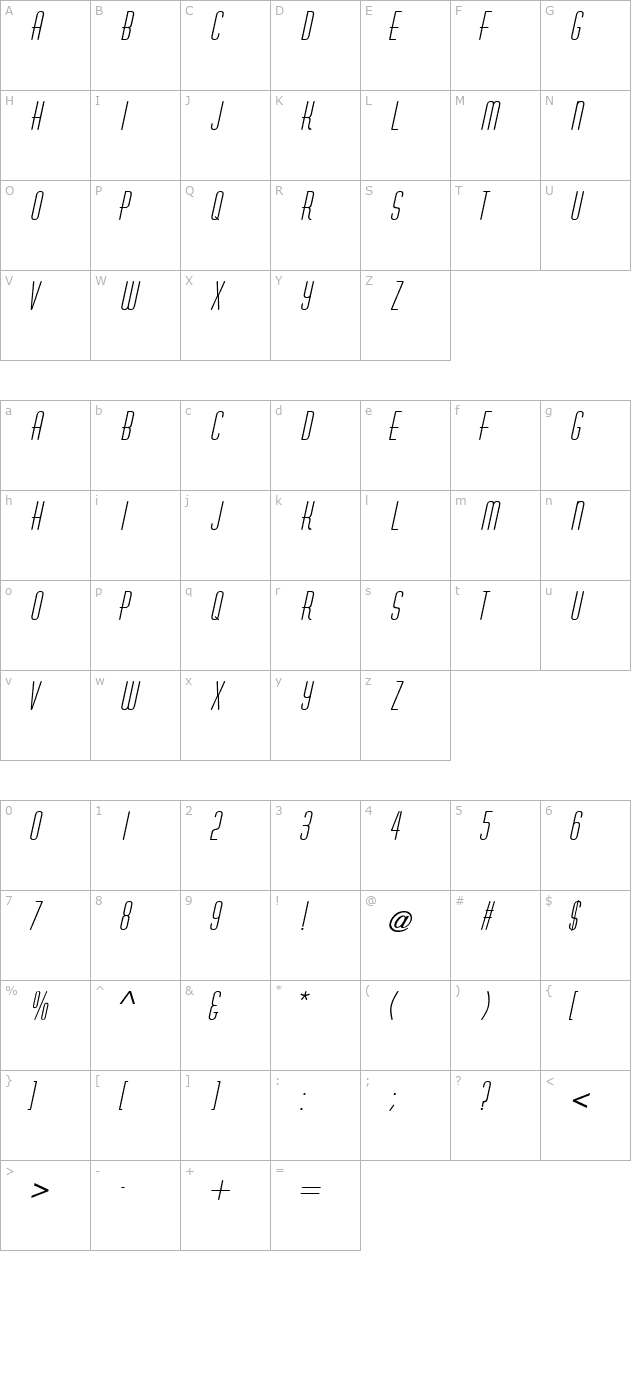 Astaire Italic character map